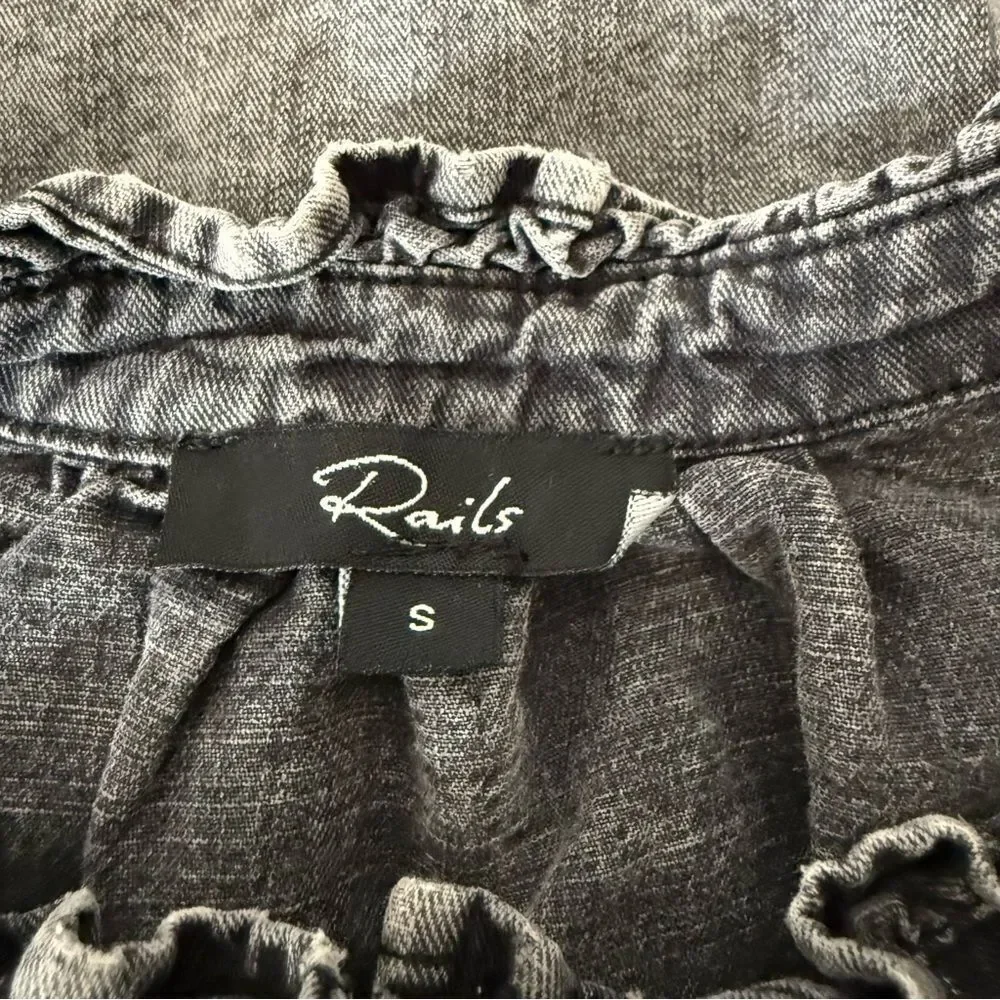 Rails Ruthie Black Acid Wash Top S Flutter Sleeve Button Up Linen Lyocell Ruffle